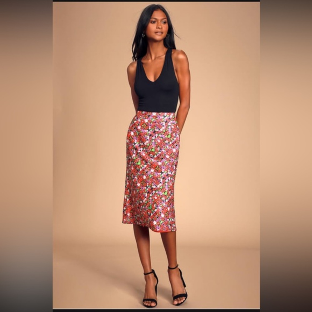 Lulu’s Zenia Coral Red Multi Floral Print Midi Skirt - Picture 1 of 12